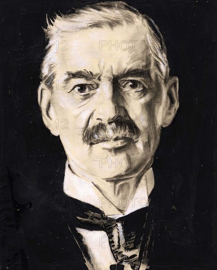 Arthur Neville Chamberlain, 18 March 1869 - 9 November 1940, was a British politician who was Prime Minister of the United Kingdom from May 1937 to May 1940 and leader of the Conservative Party from May 1937 to October 1940, Photo by Samuel Johnson Woolf (12 February 1880 - 1948), Historic, digitally restored reproduction from an original of the period.