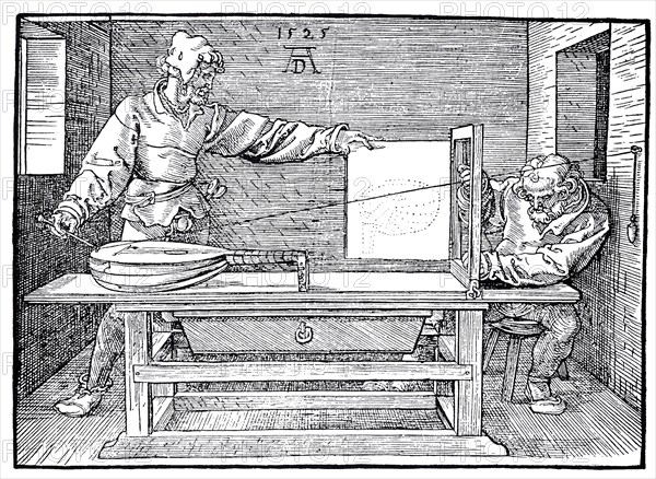 About the art of measurement. A man drawing a lute.