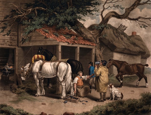 The blacksmith in his forge with a horse to be shod.