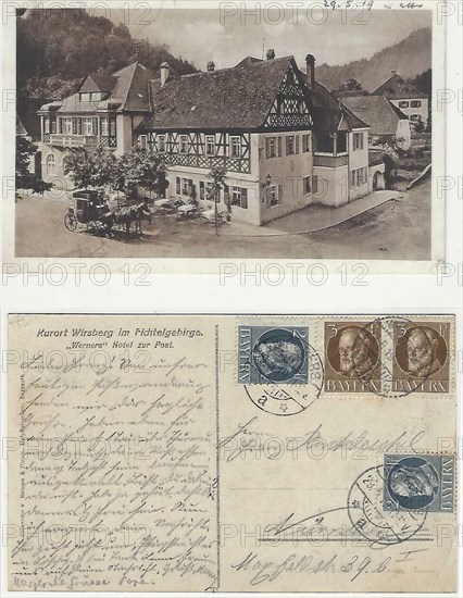 Both sides of a picture postcard from 1919, Hotel Zur Post in Wirsberg, today 2-star restaurant of Alexander Herrmann, district of Kulmbach, Upper Franconia, Bavaria, Germany, Historic, digitally restored reproduction from an original of that time.