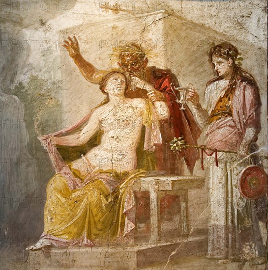 Erotic scene from a fresco from the historic city of Pompeii, Italy, Historic, digitally restored reproduction from an original of the period.