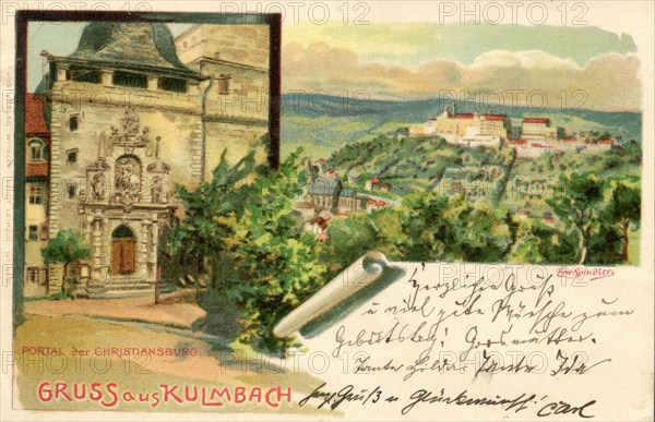 Old picture postcard from Kulmbach with the portal of the Christiansburg, today Plassenburg, around 1910, Upper Franconia, Bavaria, Germany, Historic, digitally restored reproduction from an original of that time.