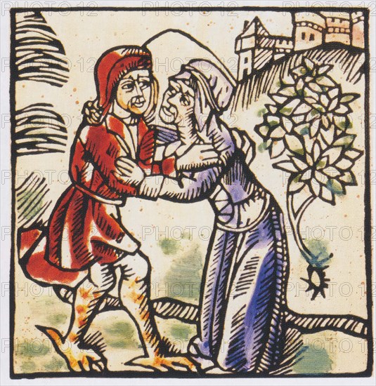 Witch, bogeyman with the devil, ca 1580, Historic, digitally restored reproduction from an original of the time.