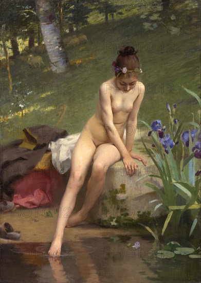 The Little Shepherdess, Naked Girl by the Pond, Bathing, Painting by Paul Peel, Historic, Digitally restored reproduction from an original of the period.