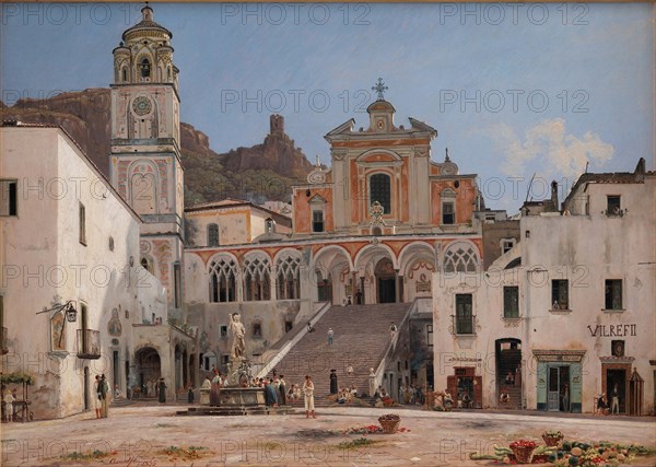 A part of the market place in Amalfi, 1835, Italy, Historic, digitally restored reproduction of an original of that time.