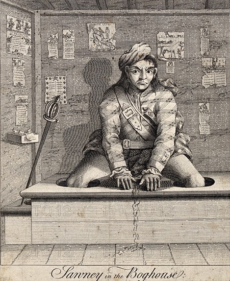 'A Scotsman using a toilet for the first time sits on a latrine with his legs tucked into the holes in the board and his hands placed in front of him; his urine runs over the edge of the toilet. Engraving by C. Mosley