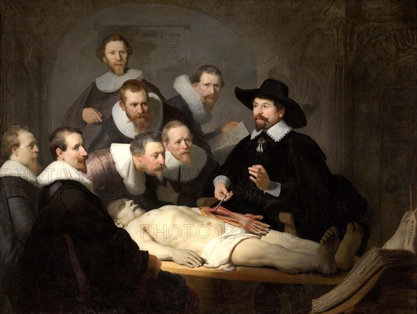 The Anatomy Lesson of Dr Nicolaes Tulp, also Nicolaas Tulp, Tulpius, and Nicolaes Petreius (9 October 1593 - 12 September 1674), a Dutch surgeon and anatomist as well as one of the most famous physicians of the 17th century and mayor of Amsterdam, painting by Rembrandt, Historical, digitally restored reproduction from an original of the time..