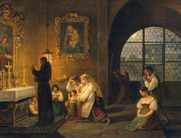 The interior of an Italian church with people praying, prayer, after a painting by Johann Nepomuk Schv?dlberger, Historic, digitally restored reproduction from an original of the time.