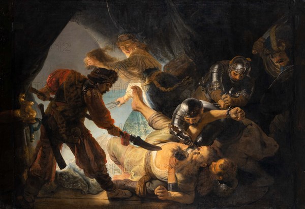 The Blinding of Samson is a history painting by Rembrandt van Rijn, Samson, after having his hair cut off, wrestled to the ground and bound before having his eyes gouged out, Historic, digitally restored reproduction from an original of that period.