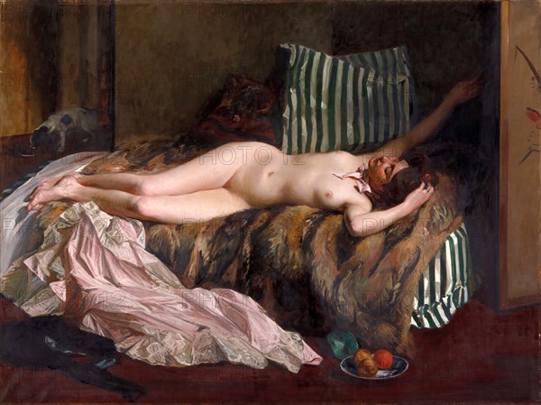 Young woman lying naked on the bed, costume and dress lying in front of the bed after a masquerade ball, c. 1906, France, Historical, digitally restored reproduction from a 19th century original.