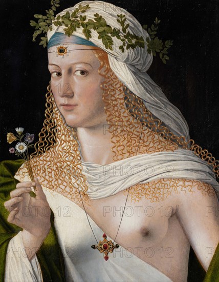 Idealized portrait of a young woman as Flora, the goddess of blossom and spring in Roman mythology, 1520, painting by Bartolomeo Veneto, Historical, digitally restored reproduction from a 19th century original..