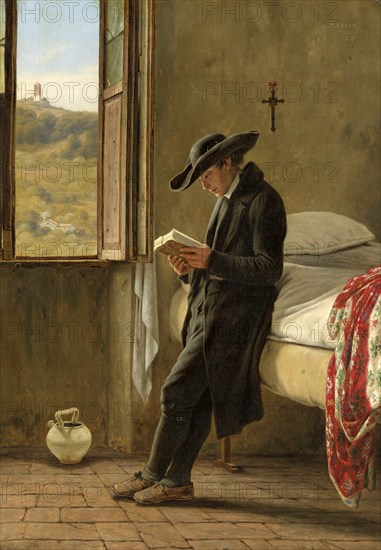 Young priest in his chamber reading a book, 1838, painting by Martinus Rorbye, Historic, digitally restored reproduction of an original of that period.