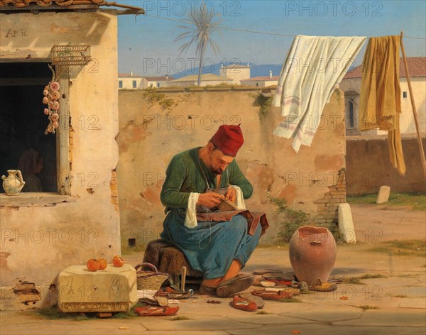 Shoemaker on the street, cobbler with many individual shoes, in Greece in 1840, Historical, digitally restored reproduction of an original of that time.