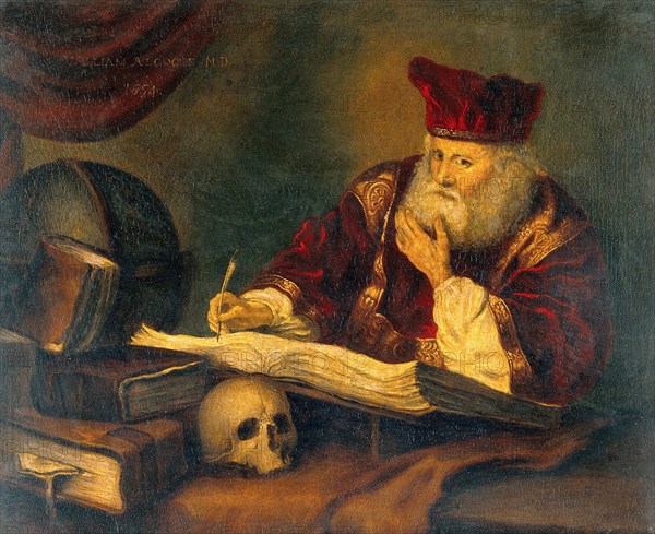 Doctor in his office with textbooks and a skull. A man who is Nicholas Alcocke, the personal physician of King Edward VI, Historical, digitally restored reproduction of an original of the time..