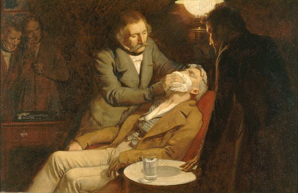 Dentist, the first use of ether for anesthesia in dental surgery, 1846, Historic, digitally restored reproduction of an original of the time..