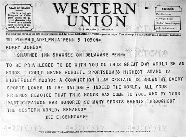 Eisenhower Telegram To Bobby Jones