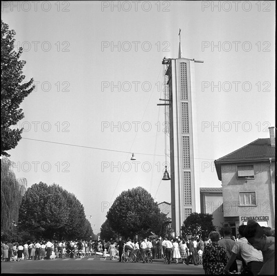 Ceremonious lifting of church bells at the tower of Albisrieden, Zurich 1959.