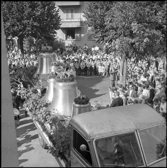 Ceremonious lifting of church bells at the tower of Albisrieden, Zurich 1959.