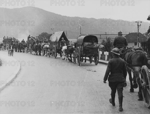 Swiss soldiers escort allied internees in the Jura, circa in 1940.