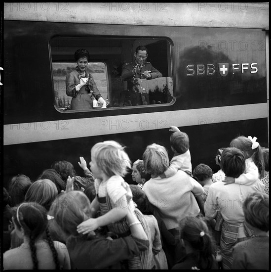 Farewell of Queen Sirikit and King Bhumibol of Thailand, 1960.