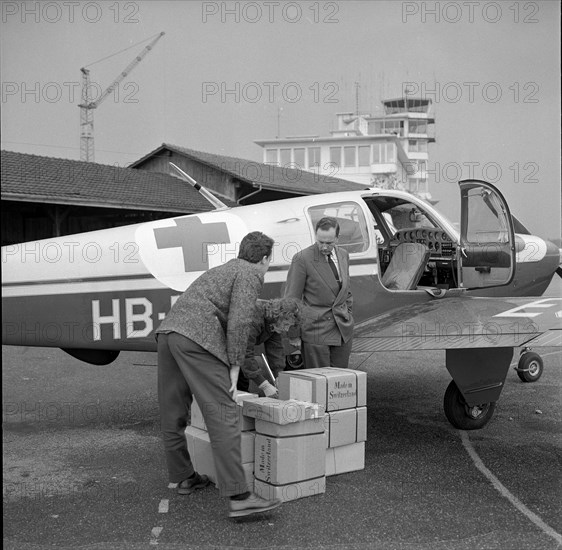 Swiss sports pilot with medicaments for Hungary, Kloten around 1956.