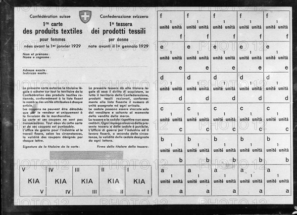 Textile ration card for women; coupons; 1940.