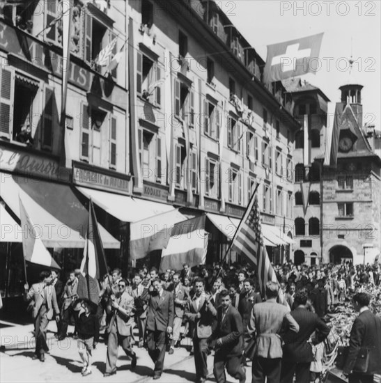 People celebrating end of second world war; 1945.