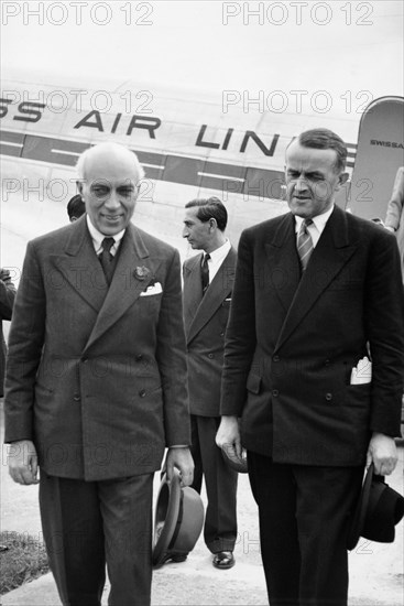 Pandit Nehru with Max Petitpierre at the airport Bern-Belpmoos, 1955.