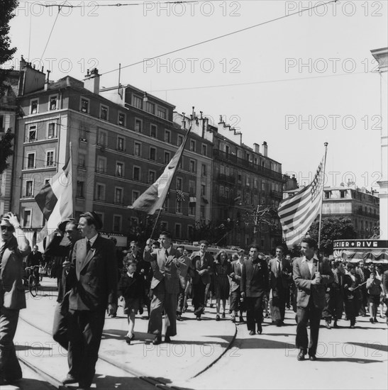 People celebrating end of second world war; 1945.