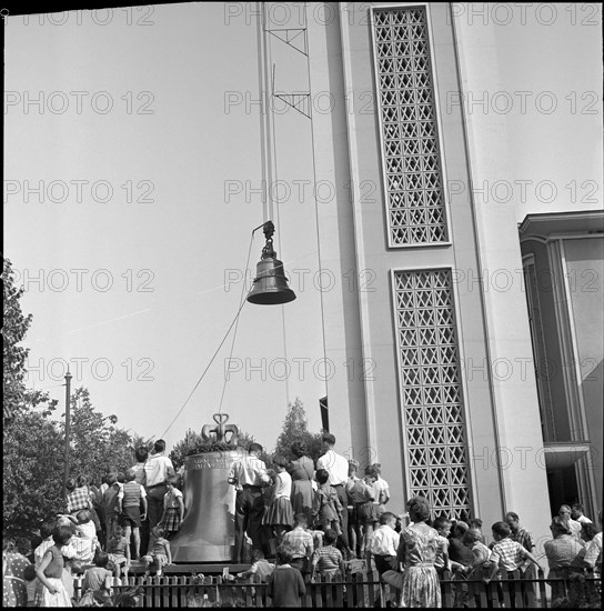 Ceremonious lifting of church bells at the tower of Albisrieden, Zurich 1959.