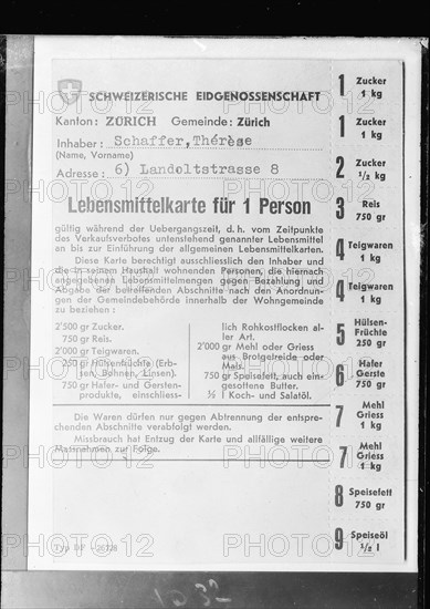 Food ration card; 1940 .