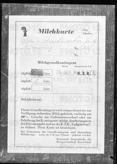 Milk tarion card; Food ration card; 1941.