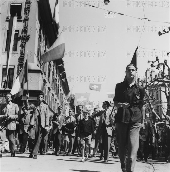 People celebrating end of second world war; 1945 .