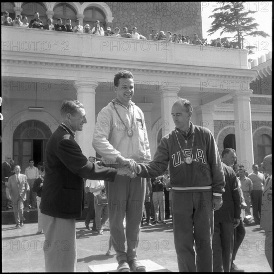 Olympic Games Rome 1960: Winners ceremony small bore rifle.