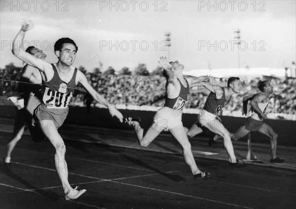 EC 1950 Brussels, finals 100m: 1 Bally, 2 Leccese, 3 Sukharev.