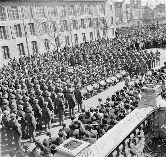 Military brass band; outdoor appearance; 1942.