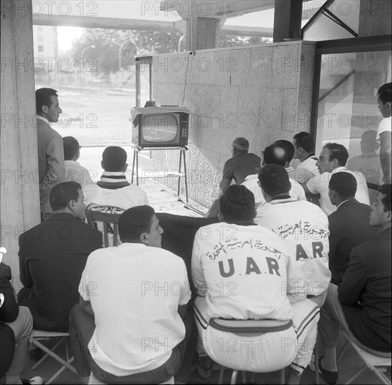 Rome 1960: athletes watching opening ceremony on TV.