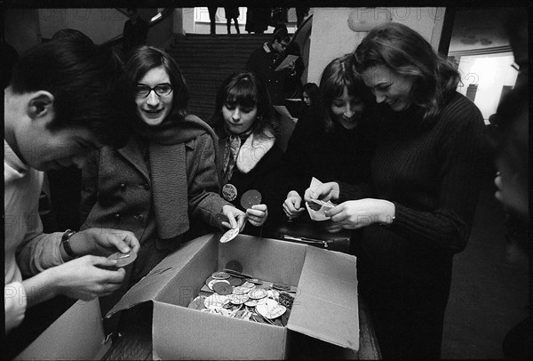 Students with box full of buttons, Zurich 1969.