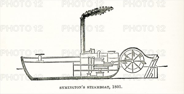 This 1905 illustration shows Symington’s steamboat from 1801. William Symington (1764-1831) was a Scottish engineer and inventor, and the builder of the first practical steamboat, the Charlotte Dundas, which was first sailed in 1803.