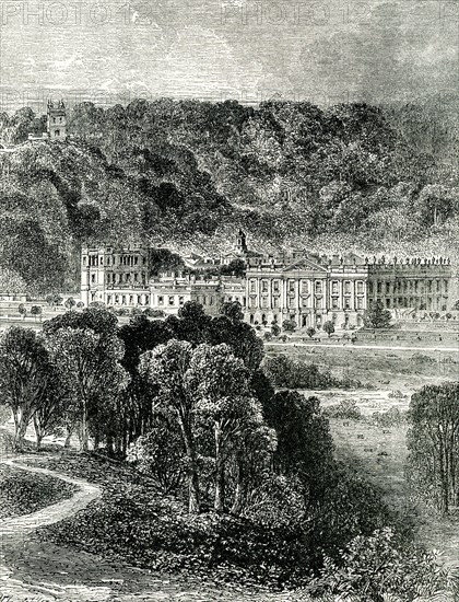 The illustration shows Chatsworth, the Palace of the Peak district in England. Chatsworth House is a stately home in Derbyshire, England, in the Derbyshire Dales 3.5 miles north-east of Bakewell and 9 miles west of Chesterfield. The seat of the Duke of Devonshire, it has been home to the Cavendish family since 1549. Chatsworth House has been labelled the 'Palace of the Peak' and features more than 30 rooms, a large library and a magnificent collection of paintings. It also boasts a 105-acre garden - a beautiful sight in summer - and a public park on the banks of the river Derwent.