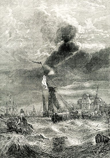 This illustration dates to about 1901 black and white wood engraving of a painting by Clarkson Frederick Stanfield (1793-1867) entitled 'Wind against Tide, the Thames at Tilbury Fort'. Clarkson Frederick Stanfield (1793 - 1867) was a prominent English marine painter, often inaccurately credited as William Clarkson Stanfield.