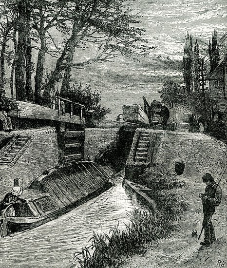 This illustration is titled On the Canal at Berkhampstead. The Grand Union Canal cuts through the heart of the town of Berkhampsted (also spelled Berkhampstead) in England. Francis Egerton, Duke of Bridgewater (the Canal Duke), father of the inland waterway system, lived in Ashridge, near Berkhamsted. The national monument to the canal system, which now stands in the middle of the Ashridge National Trust parkland, was built in his memory. The Grand Junction Canal from the Thames at Brentford to Berkhamsted was completed in 1798 and continued all the way to Birmingham in 1805.