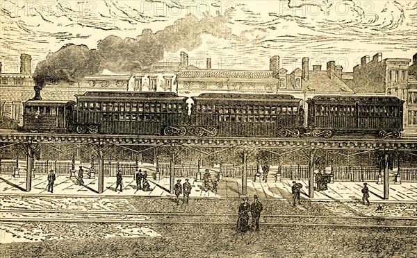 Elevated Railroad in New York. This illustration dates to 1898. By the early 1890s, the Manhattan Elevated Railway Company (which controlled the island’s elevated trains) was carrying nearly 197 million passengers a year, while Brooklyn's lines carried over 30 million passengers. .