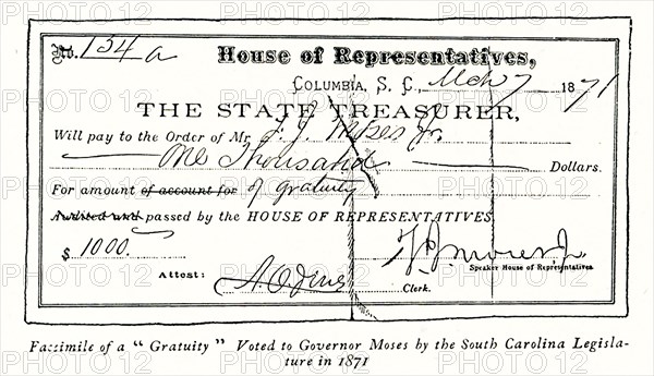 The 1896 caption reads: Facsimile of a 'gratuity' voted to Governor Moses by South Carolina Legislature in 1871.