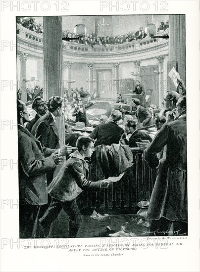 The 1896 caption reads: 'Mississippi Legislature passing resolution asking for Federal Aid after attack on Vicksburg scene in Senate Chamber” - 1870s.