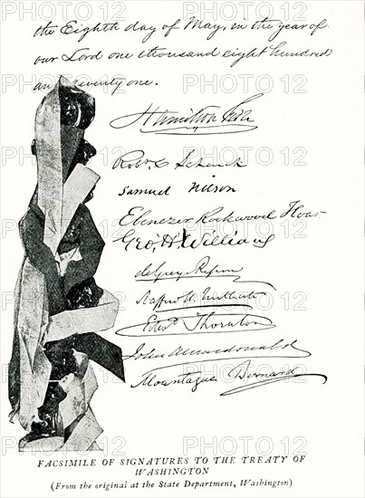 The caption for this 1896 illustration reads: 'Facsimile of Signatures to the Treaty of Washington (from the original at the State Department, Washington)' The Treaty of Washington was a treaty signed and ratified by the United Kingdom and the United States in 1871 during the first premiership of William Gladstone and the presidency of Ulysses S. Grant. It was meant to resolve a number of conflicts between the two nations. One of these was the death of many British civilians during the American Civil War even though Britain had remained neutral during the war,.