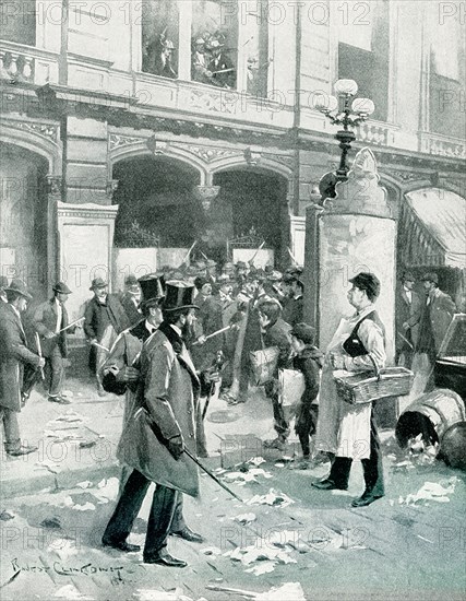 The 1896 caption reads: 'Fisk and Gould's Grand Opera House in a State of Siege drawn by B West Clinedinst.'.