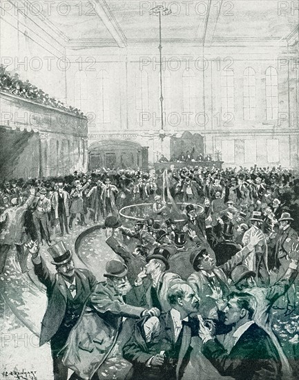 The 1896 caption reads: “Scene in New York Gold Room on Black Friday September 24, 1869, drawn by C S Reinhart from photographs and descriptions by eye-witnesses.” Black Friday, in U.S. history, a securities market panic that occurred on September 24, 1869, as a result of plummeting gold prices. The crash was a consequence of an attempt by financier Jay Gould and railway magnate James Fisk to corner the gold market and drive up the price.