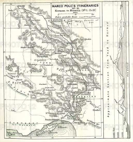 The caption for this map from The Travels of Marco Polo Vol I as translated by Henry Yule reads: “Marco Polo’s Itineraries No II Kerman to Hormuz Bk I Ch 19.” Polo’s possible route is marked by dotted line. Marco Polo was a Venetian traveler who left Venice, Italy, with his father Niccolo and uncle Maffeo in 1271. He arrived in China in 1275 where Kublai Khan had his court, and returned home in 1294. Note that the city of Kinsai, the so-called 'Heavenly City,' was called by Marco Polo Coromoran. Kanbaliq is Turkic for what is today Beijing. Polo called it Cambaluc. Siam is present-day Cambodia. Polo dictated his adventures to Rustichello. These writings, written in French, were titled 'Books of the Marvels of the World,' but are better known in English as 'The Travels of Marco Polo.'.