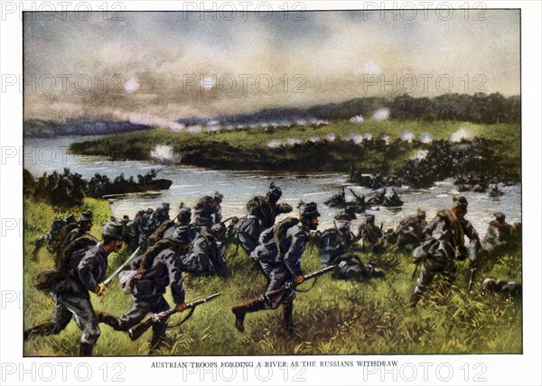 This illustration shows Austrian troops fording a river as the Russian withdraw - all in the early part of World War I.